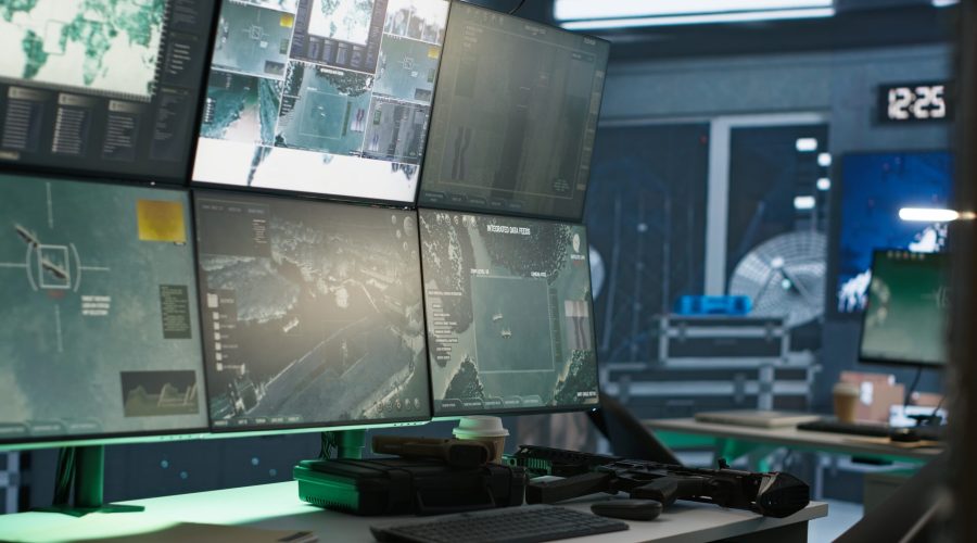 Close up of screens in empty control center housing operational missile defense system designed to intercept ballistic threats. Monitors in army headquarters used for tracking rockets with radar